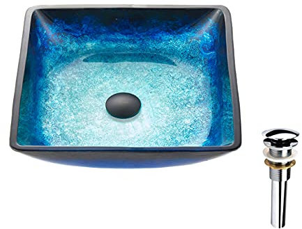 Fanwin Star Blue Lotous rechteckiges Waschbecken aus gehärtetem Glas in glänzendem Blau | Waschbecken oben über der Arbeitsplatte | quadratische WaschtischAufsatzWaschbecken mit