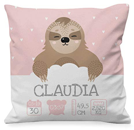 NANNUK - Cojín Nacimiento Personalizado Perezoso para recién Nacidos, se Personaliza con Nombre, Hora, Fecha, Peso y Medida del bebé.