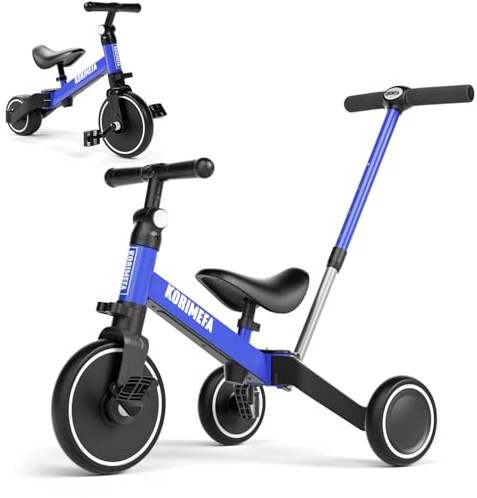 KORIMEFA 4 in 1 Kinder Laufrad Dreirad ab 1 Jahr, Kinderdreirad Laufräder Lauffahrrad mit höhenverstellbarer Schubstange PU-Sitz, Baby Lauflernhilfe Lauflernrad Abnehmbarer Pedale für 1-3 Jahre