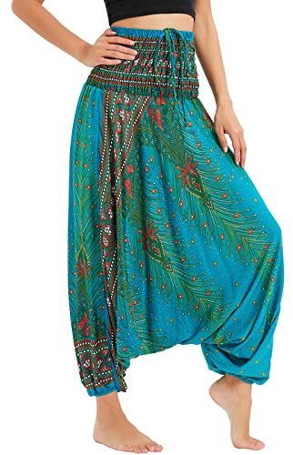 Nuofengkudu Mujer Harem Pantalones Jumpsuit Boho Cintura Alta Verano Playa N Pavo Real Lack Verde