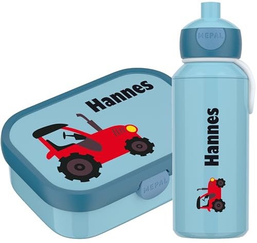 4youDesign SET: blaue Brotdose mit Fächern &Trinkflasche -Trecker- personalisiert mit Namen I Campus mit Bento-Box & Gabel für Jungen & Mädchen, Traktor (Cool Blue)