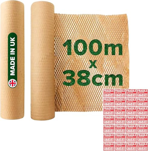 Honeycomb Sustainable thick Paper Packaging Roll 38 cm x 100 m, Eco-Friendly* Brown Craft bubble wrap cushioning for Breakables, Packing, Fragile, Shipping, Moving House, Gift. Proudly made in the UK