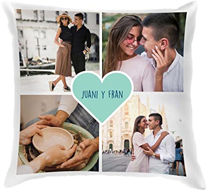 PROMO SHOP - Cojin Personalizado 35 x 35 cm, Relleno Incluido, Regalos Personalizados, Color Blanco con Suave Acabado y Cierre de Cremallera Lateral, San Valentin, Regalos Parejas