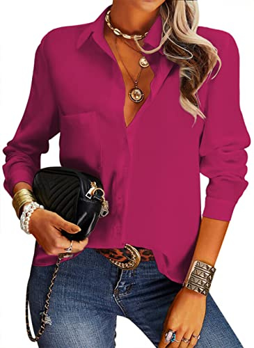 NONSAR Elegante Blusa Informal para Mujer con Cuello en V, Manga Larga y Botones, Estilo Casual y de Vestir, Corte Suelto, Color Liso
