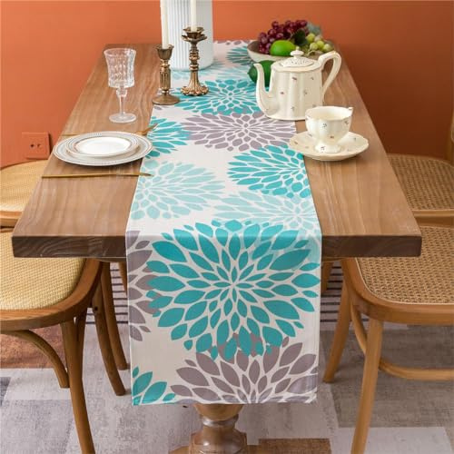 Tischläufer Modern Wohnzimmer Blaugrün Grau Dahlie Blumen Pflanzen Tischläufer Frühling Leinen Tischdecke Sommer 40x140cm Boho Vintage Dekoration für Küche Esstisch Drinnen und Draußen
