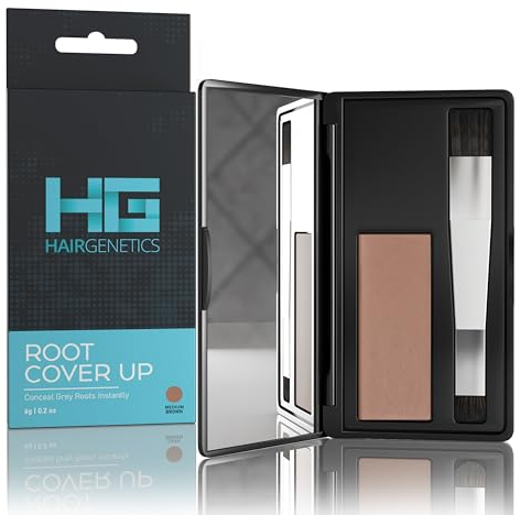 Hair Genetics Retocador De Raíces En Polvo - Cubre Canas Mujer y Hombre, Fórmula Ligera, Fácil Aplicación, Con Pincel Doble y Espejo, Para Viajes, Ideal Para Retoca Raices (Marrón medio)