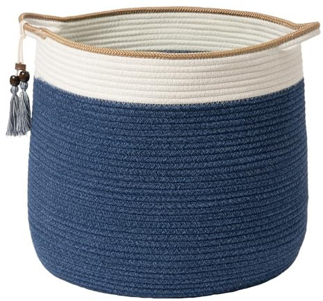 LA JOLIE MUSE Baumwollseilkorb, Geflochtener Aufbewahrungskorb, Wäschekorb groß, 36 * 44 * 38 cm, Baumwolldecken-Organizer, Baby-Kinderzimmer-Behälter, Geschenk für Zuhause Azurblau
