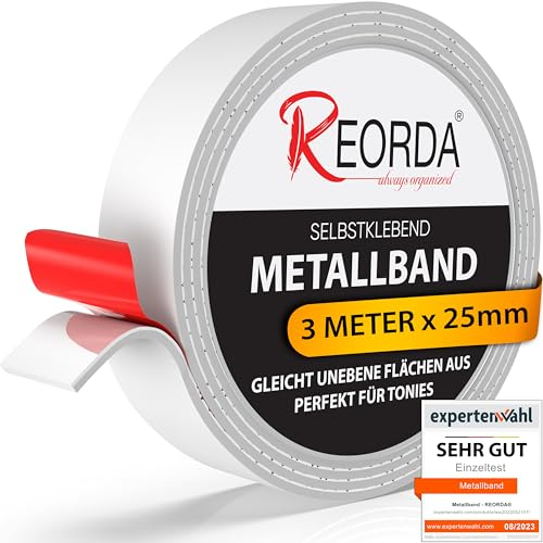 Reorda® Metallband selbstklebend Weiß - Ideal für Tonies®-Figuren & -Regale (EXTRA STARK) - Magnetband für Magnete I Ferroband I Magnetband selbstklebend I Eisenband (3m)