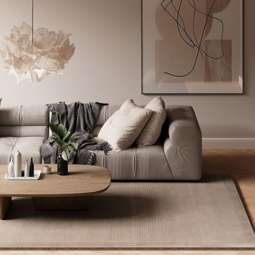 Neutral Rug 100% Wool Thick Scandi Cosy Living Room Super Soft Bordered Natural Shaggy Fluffy Rugs for Hall, Dining Room, Bedroom Area 160cm x 230cm