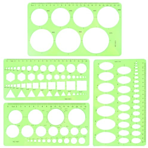 Plantilla circular para dibujar y dibujar, 4 plantillas de plástico circular/ovalada/triangular para pintar, reglas de medición geométricas transparentes Ymapinc para suministros escolares y de