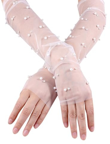 EOYVAIL Guanti e manopole da donna，Guanti in rete con perline, guanti in tulle da donna, guanti lunghi in tulle trasparente senza dita, adatti per abito da sposa (bianco)