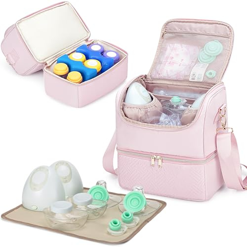 Fasrom Sac pour Tire-Lait avec GlacièRe Compatible avec Les Tire-Lait Elvie Et Medela, Sac de Stockage de Lait Maternel Portable avec Sangle Et Tapis ImperméAble pour Les Mamans Qui Travaillent, Rose