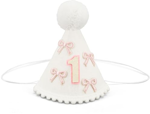PEUTIER Rosa Hut mit Weißer Schleife, Partydekoration für Den 1. Geburtstag Baby-Geburtstagshut Süße Partyhüte für Geburtstage Rosa Hut zum 1. Geburtstag Zubehör für Baby-Mädchen