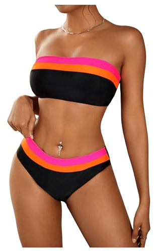 SweatyRocks Women's Bandeau Bikini Sets Strapless Tube Top Color Block Mid Waist Bathing Suits Swimwear Multicolor Large