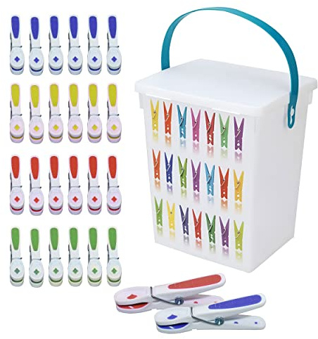24 pinzas de tacto suave, cubo de plástico blanco con asa. También se puede utilizar para almacenamiento de energía de jabón, tabletas de lavavajillas, almacenamiento de residuos de alimentos o muchas