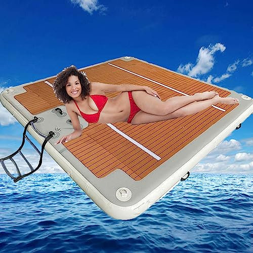 Piattaforma Galleggiante Gonfiabile per la Pesca in Acqua, Piattaforma Galleggiante con venature del Legno, Isola Galleggiante con Cuscino Gonfiabile