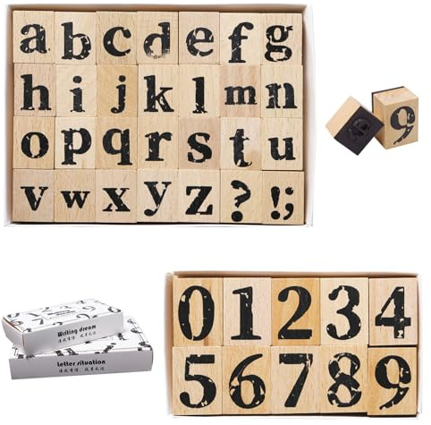 Sixfolo 38 Stück Kleinbuchstaben und Zahlen Holzstempel Set | Stempel Alphabet Klein und Nummer 0 bis 9,Vintage Buchstaben Holz Gummistempel für DIY Scrapbooking Handwerk