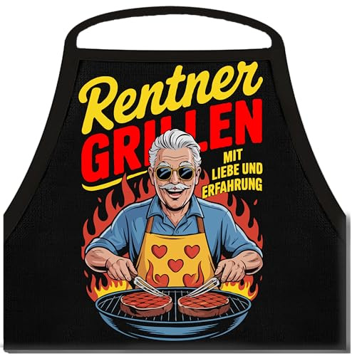 Shirtoo Grillschürze für Herren mit Spruch: Rentner grillen mit Liebe und Erfahrung, Farbe schwarz