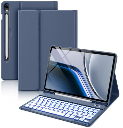 Vobafe Tastatur Hülle für Samsung Galaxy Tab S10 Lite/S10 FE/S9 FE 10.9 Zoll/Tab S9 11 Zoll, 7-Farben Beleuchtung Keyboard Cover mit Stifthalter & Schnellladung, QWERTZ-Layout, Blaugrau