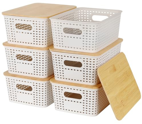 Nymblis 6Pcs Storage Boxes with Lids, Stackable Storage Baskets, White | Plastic Lidded Storage Bins, with Bamboo Lids, Includes Bonus Stickers, for Kitchen Bathroom Cabinets Office Organization, 5L
