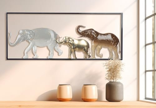 Casablanca modernes Design Wall Relief Savannah, Metal, Elephant Motif, Glossy, Brown/Gold/Grey, 25 x 61 x 2 cm