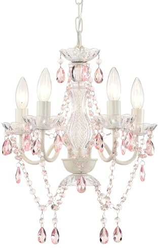 Pink and White Crystal Chandelier, 4-Light Hardwired Ceiling Light Fixture – Small Elegant Acrylic Pendant, 41x44 cm, Decorative Lighting for Kids Bedroom, Dining Room, Hallway, Entryway
