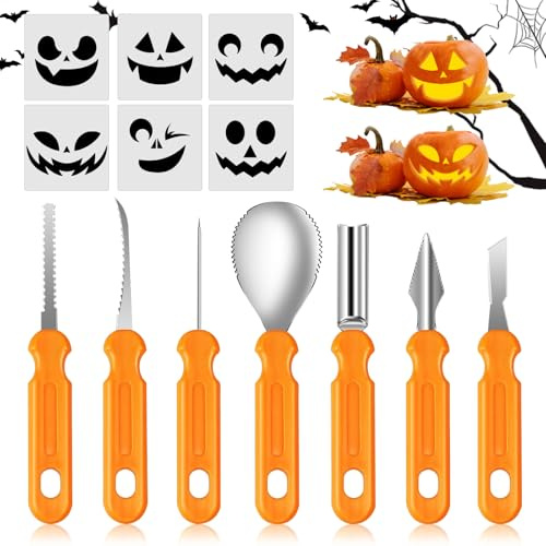 Halloween Kürbis Schnitzset, 7er Schnitzwerkzeug Kürbis Schnitzen Werkzeug | Kürbis Schnitzset aus Edelstahl mit Schnitzvorlagen, Pumpkin Carving Kit, Halloween Deko Schnitzen Set für Kinder Erwachsene