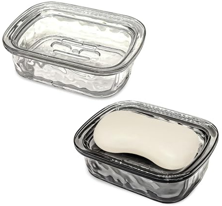 2Pcs Plastic Draining Soap Dishes with Cover, Leakproof Shower Soap Box Portable Soap Holder for Shower Travel Hiking White Black