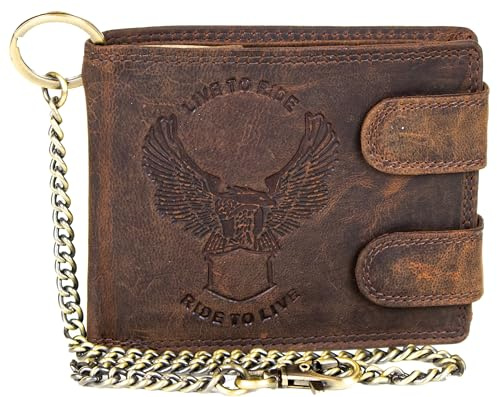 MDM Biker Portefeuille pour homme en cuir véritable avec chaîne et gaufrage aigle – Portefeuille avec protection RFID Noir, marron, 10.0 X 12.5 X 2.5 Centimeters, Motard
