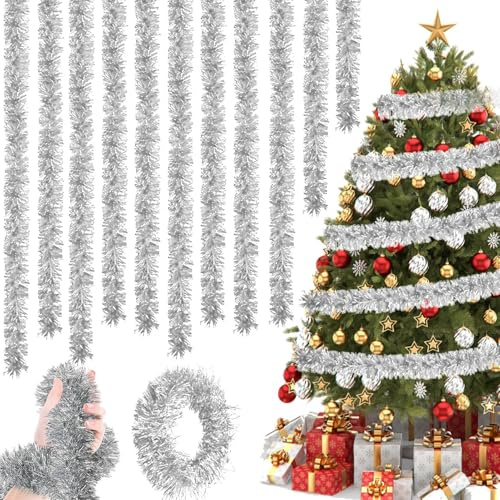 10 Stück x 2M Weihnachten Lametta Girlande, Lametta Weihnachtsdeko Girlanden, Weihnachtsbaum Girlande für Glänzend Hochzeit, Weihnachtsfeier, Geburtstagsparty Dekoration (Silber)