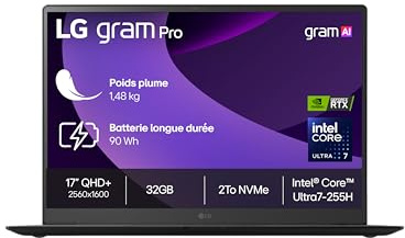 LG Gram Pro 17Z90TR-E.AD8BF - PC Portable 17 1479g, écran IPS QHD+ 16:10, Plateforme Intel® Evo™ Ultra 7 255H, RAM 32Go, SSD 2To NVMe, NVIDIA RTX5050 avec GDDR7 8Go, Thunderbolt™ 4, Windows 11 Home