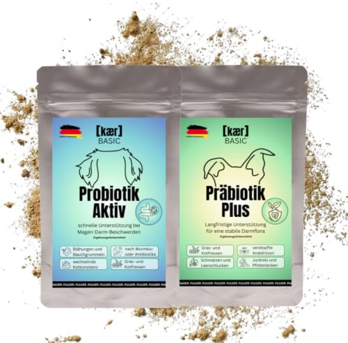 kaer basic Probiotik & Präbiotik Kombi-Sparset für Hunde – rundum Starke Darmbalance bei Kotfressen, Juckreiz, Sodbrennen, sensibler Verdauung & zur Darmsanierung – 2×200g Pulver