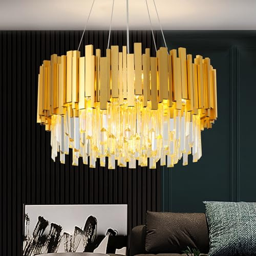 YZBEIMDAI Moderne Kristall Kronleuchter, Gold Rund Kristall Pendelleuchte, 9×E14 Lampenfassung Hängellampe für Wohnzimmer, Esszimmer, Schlafzimmer