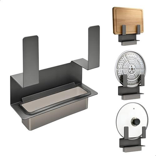 shengxinym Porta Coperchi Pentole, Senza Foratura Organizer Coperchi Pentole con Rimovibile Piatto di Asfalto, Multifunzionale Organizer Padelle Cucina, Facile da Pulire, Grigio