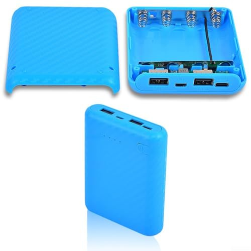 Caja de batería – Caja de batería portátil de 4 ranuras para baterías recargables de cabeza plana de 3.7 V, carcasa de ABS con doble salida USB de 5 V/2.4 A y tipo C/para micro USB (carga rápida azul