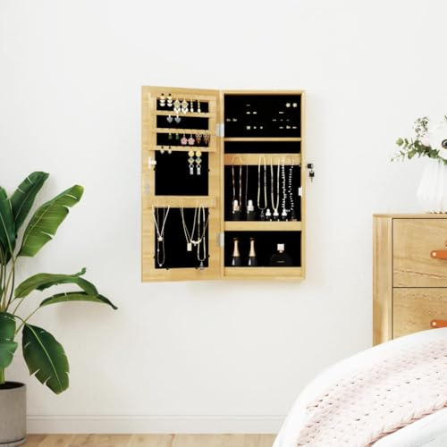 mzdioop Smyckesskåp med spegel, träbaserade material, 30 x 8,5 x 67 cm, låsbart, väggmontering med krok för smyckesförvaring och kosmetikspegel i sovrum, hall, badrum