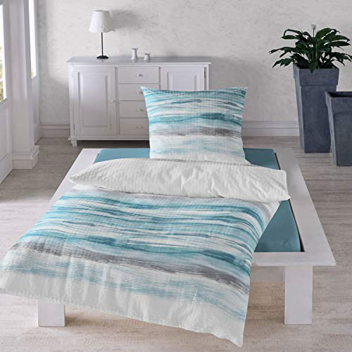 Traumschlaf Seersucker Bettwäsche Set •Bügelfrei• Erfrischendes Wellendesign luftig leichte Bettwäsche Sommer in türkis grau mit Reißverschluss • 155x220 cm + 80x80 cm