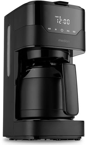 MEDION Cafetière avec verseuse isotherme et minuteur (filtre, 8 tasses, 1,2 L, 900 W, 3 niveaux, maintien au chaud, minuterie, anti-goutte, affichage, MD18458), noir mat