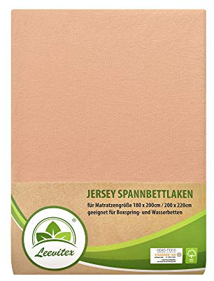 leevitex® Premium Spannbettlaken 180x200–200x220 cm | 40 cm Steghöhe – für Standard-, Boxspring- & Wasserbetten | 100% Mako-Jersey-Baumwolle | ÖKO-TEX Zertifiziert | 170 g/m² | Leinen/Apricot