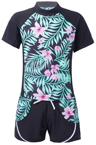 TiaoBug flicka tankini bikiniset med blommor tryck sport baddräkt tvådelad av badskjorta badbyxor pojkshorts för barn storlek 98-152, Svart H, 158-164