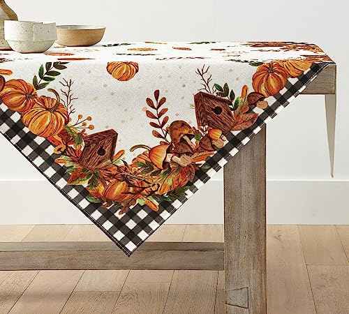Artoid Mode Büffelkaro Kürbisse Vogelhaus Herbst 85x85 cm Tischdecke | Saisonal Pilze Fall Tischwäsche Küche Tisch Dekoration Drinnen Urlaub Party Dekor