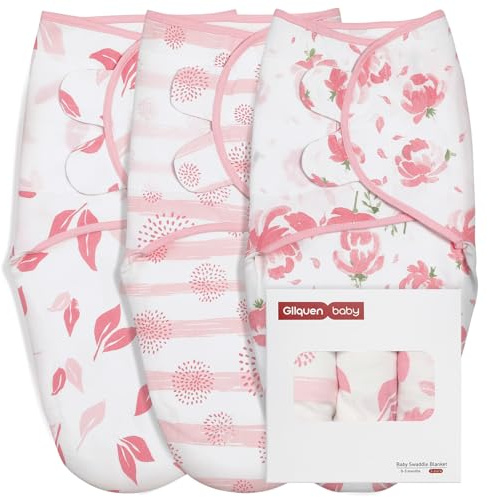 GLLQUEN BABY Filt för inlindning, för bebisar på 0–3 månader, sovsäck för småbarn, unisex, set med 3 lindor, 100 % ekologisk bomull (blomma)