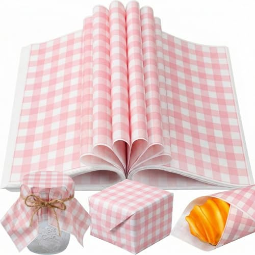 Chivao Oster-Wachspapier für Lebensmittel, 24,9 x 21,6 cm, rosa kariert, Delikatpapier, Einweg, fettdicht, Lebensmittelkorbeinsatz für Sandwich, Brot, Burger, Verpackung, Geburtstag, Hochzeit, Party