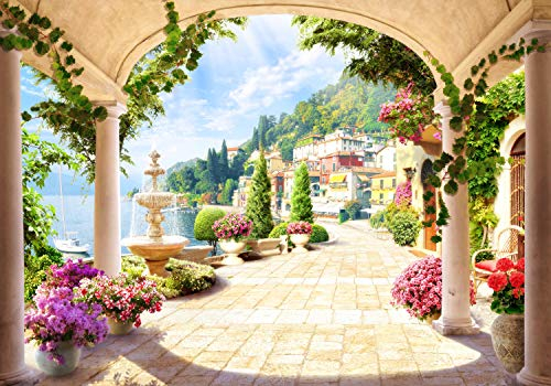 wandmotiv24 Fototapete Seeblick Sandstein Terrasse, 300 x 210 cm - selbstklebende Strukturtapete, Wanddeko, Wandbild, Wandtapete, Stein-weg, Italien, Fresko M1080