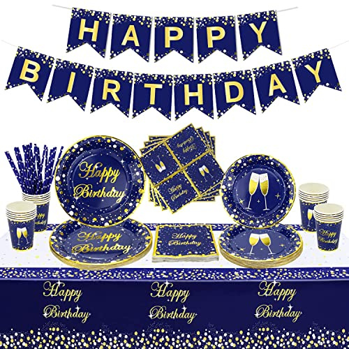 107 PCS Blue and Gold Party Supplies - Birthday Banner, Blue Birthday Plates, Napkins, Cups, and Tablecloth for Baby Shower, Birthday, and Wedding Party Decorations, Serve 20 Guests