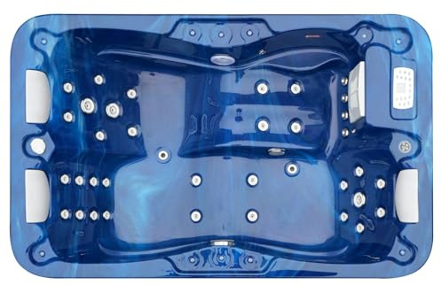 Sanotechnik Outdoor Whirlpool Modena blu – con copertura – Dimensioni 205 x 130 x 70 cm, 35 ugelli massaggianti, illuminazione a LED, radio, altoparlante, Bluetooth, SPA Whirlpool per 3 persone