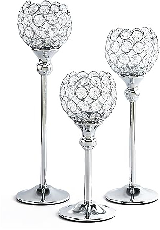 JADERY Kristall Tee Kerze Teelicht Kerzenhalter Romantische Kelch Form Metall Glas Kerzenhalter for Hochzeit Tisch Mittelstücke Dekor Neue (Color : B-Silver-3Pcs)