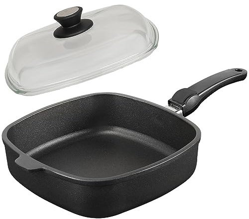 SKK 2-tlg. Schmorpfanne 26x26 cm - ohne Induktion - eckige beschichtete Aluguss Hochrand-Pfanne Stiel abnehmbar & Glasdeckel - Made in Germany
