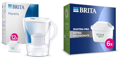 BRITA Wasserfilter-Kanne Marella weiß (2,4l) inkl. 12x MAXTRA PRO All-in-1 Kartusche & Wasserfilter-Kartusche MAXTRA PRO Extra Kalkschutz – 6er Pack