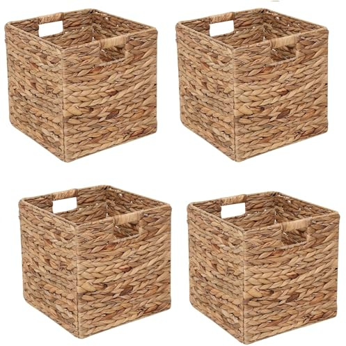 Kosmeey Set of 2 Storage Baskets Wicker Cube Baskets Foldable Handwoven Water Hyacinth Laundry Organizer,10.5 * 10.5 inches Woven Baskets, Wicker Storage Basket, Water Hyacinth Storage Baskets (2)